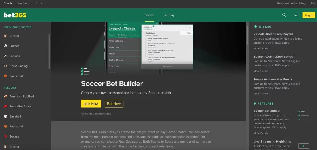 Bet365 Football Bet Builder Page