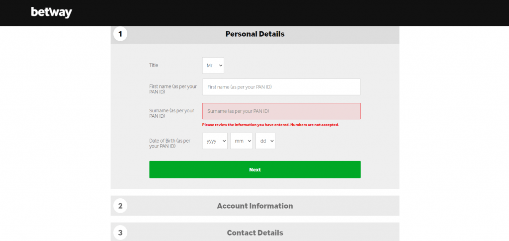 Betway Signup Step Two