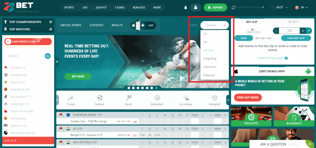 22Bet Change the Display of Betting Odds