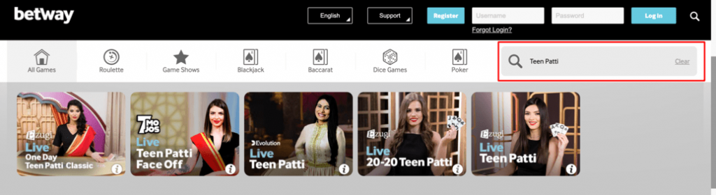 Search for Teen Patti on Betway