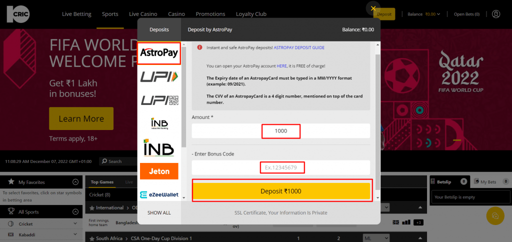 AstroPay Deposit Step 3: Select AstroPay