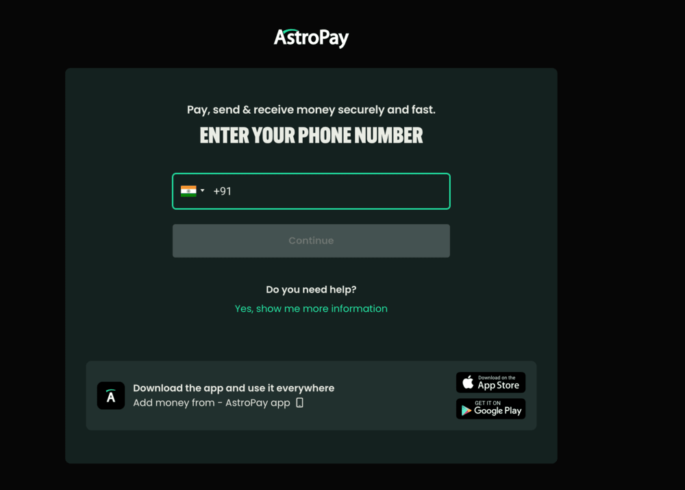 AstroPay registration step 2: Enter phone number