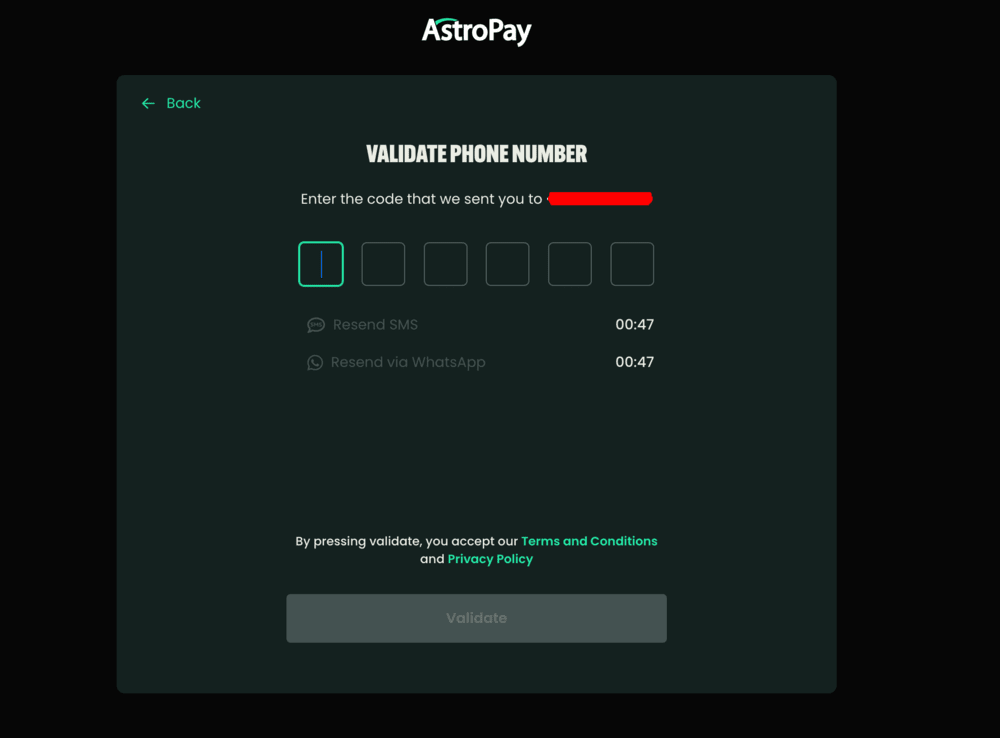 AstroPay registration step 3: Validate number