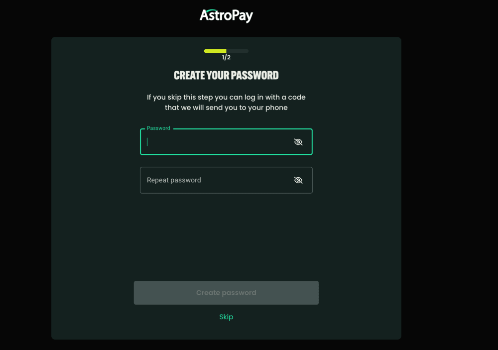 AstroPay registration step 5: Create Password