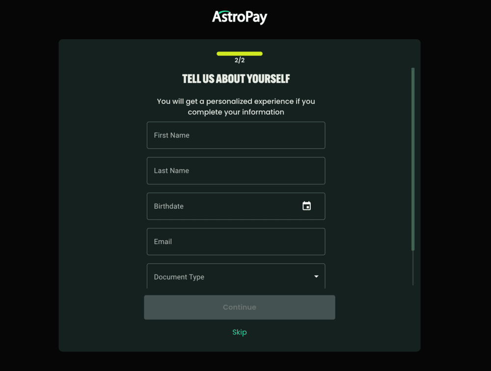 AstroPay registration step 6: Enter personal details