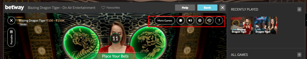 Dragon Tiger Screen Options on Betway
