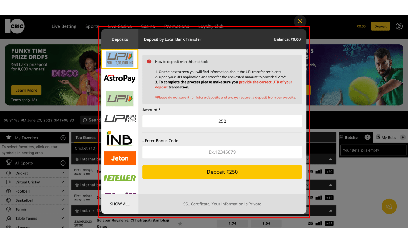 How to Deposit and Withdraw Money on 10Cric India?