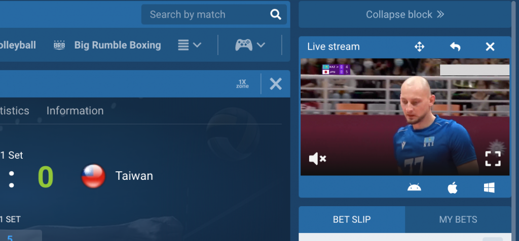 1xbet Live Stream docked in the right-hand corner