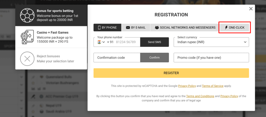 Melbet registration step 2: Select one-click option